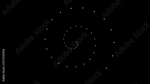Abstract white dots forming a dynamic spiral pattern on a clean black background creating a modern digital technology concept animation