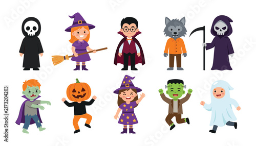 Foto Cute Halloween Monster Character Set with Grim Reaper Witch Vampire Werewolf Zom