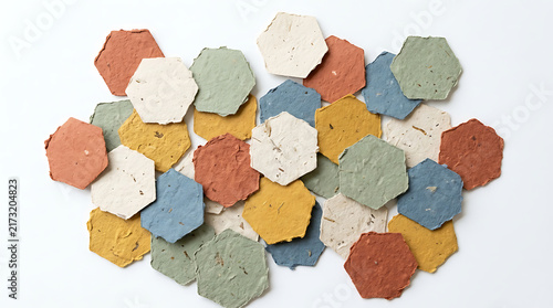 Colorful textured hexagon paper scraps in a pile