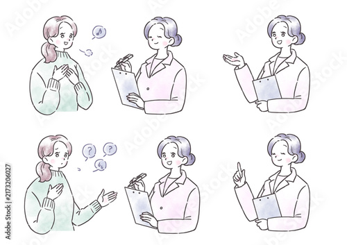 笑顔の白衣の女性と、悩みを話す女性のイラストセット　吹き出しあり