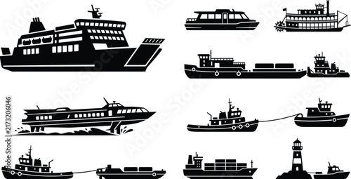 Foto Maritime transportation and sea vessels silhouette set featuring cargo ship ferr