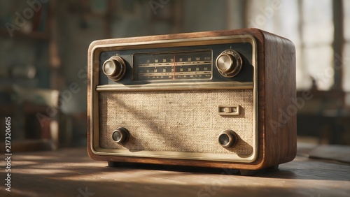 Vintage retro radio on a wooden surface