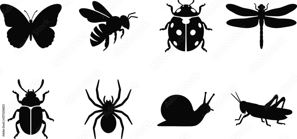 Fototapeta premium Insects and garden bugs silhouette set featuring butterfly bee ladybug dragonfly beetle spider snail and grasshopper