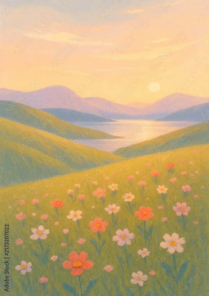 Naklejka premium Serene sunset over floral landscape.