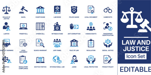 Konstfotografi Law and justice set in blue and white, featuring symbols of scales, gavels, cour