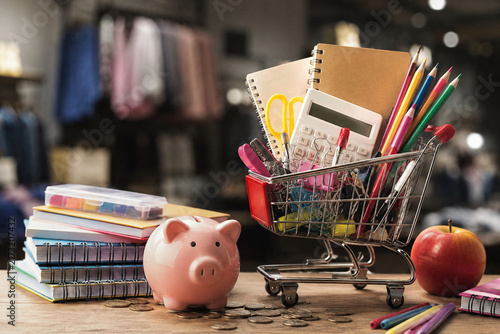 Rising Back to School Costs with Shopping Cart and School Supplies