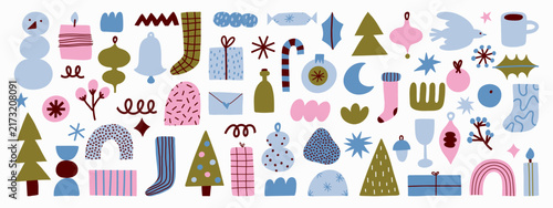 Festive seasonal collection with Christmas symbols, winter decorations, wrapped presents, ornaments, snowman, candles, trees, stockings, stars, greeting elements, playful retro holiday artwork.