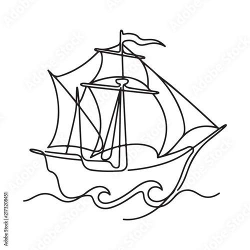 Single continuous line art illustration of a vintage sailing ship with sails riding ocean waves isolated on white background