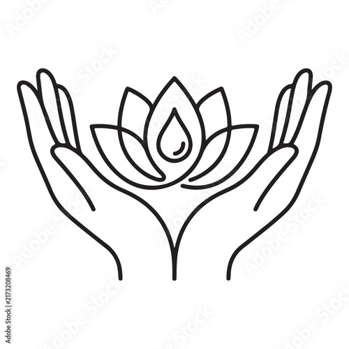 Black line art icon of cupped human hands holding a blooming lotus flower with a central water droplet isolated on white background