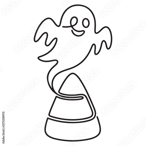 Single continuous line art illustration of a spooky cartoon ghost rising from a piece of halloween candy corn isolated on white background