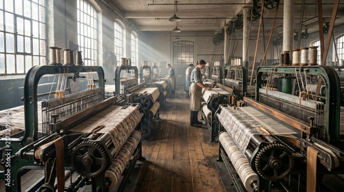 The image shows an old-fashioned textile factory with large windows