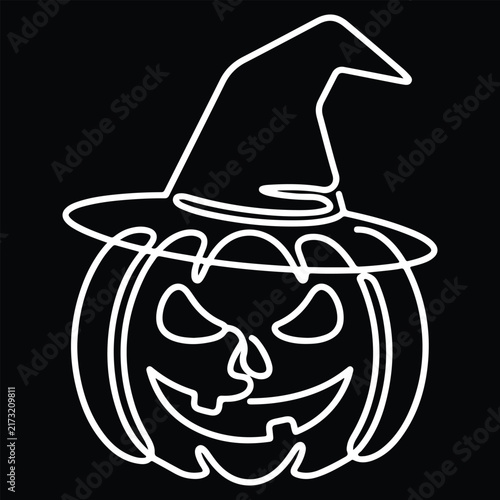 White line art icon of a spooky halloween jack o lantern pumpkin wearing a pointed witch hat isolated on black background