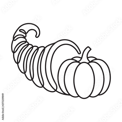 Single continuous line art illustration of a thanksgiving cornucopia horn of plenty next to a harvest pumpkin isolated on white background