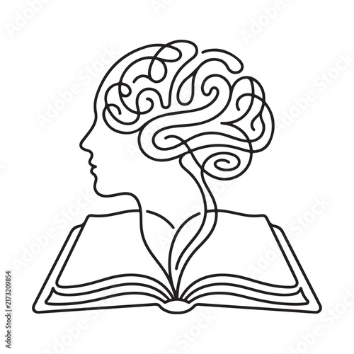 Black line art icon of an open book with abstract lines rising upward to form a human head profile and brain shape isolated on white background