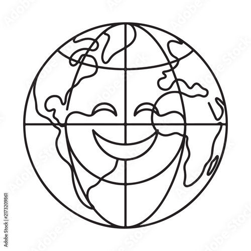 Black line art icon of a happy cartoon world globe planet earth with a smiling face layout isolated on white background