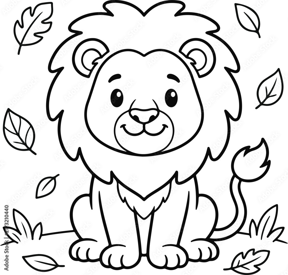 Fototapeta premium Cute cartoon lion sitting surrounded by autumn leaves, simple line art coloring page for kids