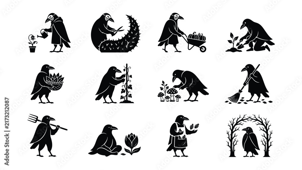 Fototapeta premium Cartoon Crows Engaged In Various Gardening And Farming Activities
