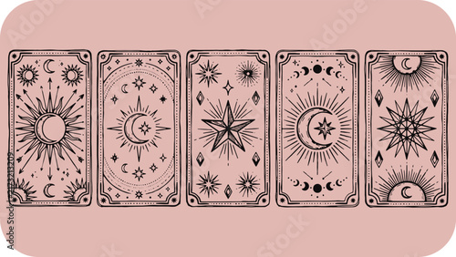 Mystical tarot cards set with celestial sun moon and star illustrations on pink background celestial symbols magic cards fortune telling celestial