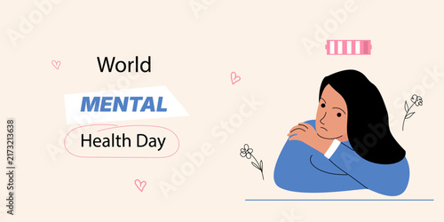 An illustration dedicated to World Mental Health Day, featuring a tired woman with a low‑battery indicator
