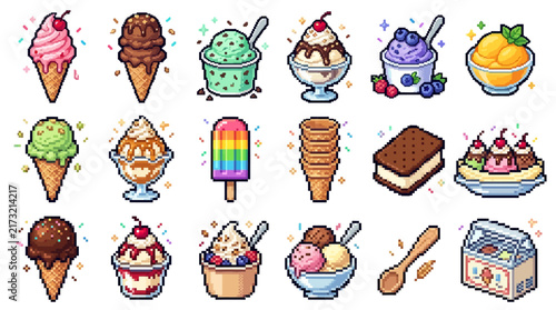 Принти на полотні Set of colorful pixel art ice cream icons and frozen desserts.