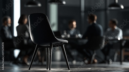 Empty chair in corporate meeting room during discussion. Empty chair at a dark conference table with blurred executives discussing in the background