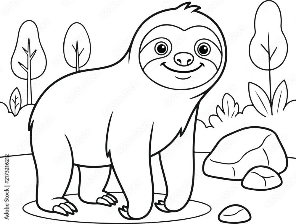 Obraz premium Cute cartoon sloth standing in the forest with trees and rocks, coloring page for kids