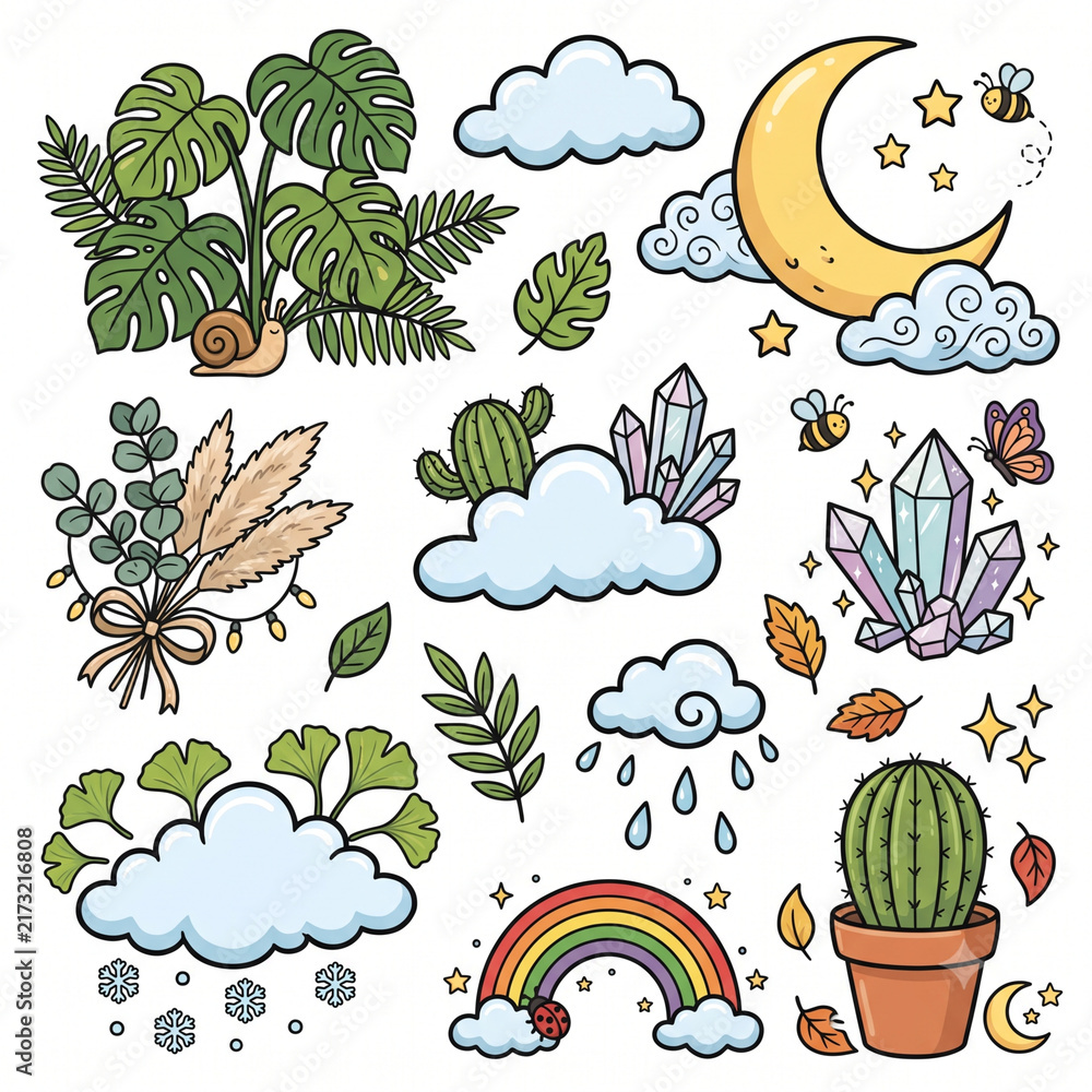 Obraz premium Cute hand-drawn boho nature and celestial doodle set with crystals, moon, rainbow, monstera, and cactus. Perfect for aesthetic digital planner stickers, mystical scrapbooking, and nursery designs.