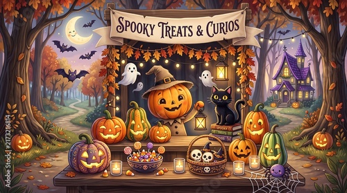 Halloween pumpkin character stall with jack o lanterns ghosts and black cat in autumn forest for spooky banner art