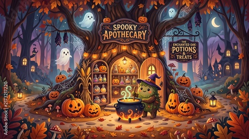 Halloween Spooky Apothecary Tree House Illustration with Cute Monster Brewing Magic Potion for Seasonal Web Banners
