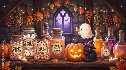 Halloween Potion Bottles with Cute Ghost Black Cat and Jack o Lantern Illustration for Spooky Autumn Apothecary Banner