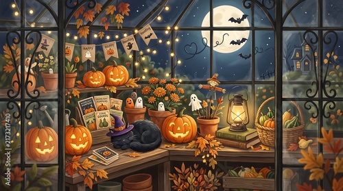 Spooky Halloween Greenhouse with Carved Pumpkins Black Cat and Full Moon Night Autumn Holiday Background Banner Art.