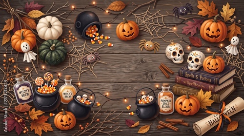 Halloween flat lay illustration with pumpkins, skulls, and cauldrons on wooden table background for festive party banner