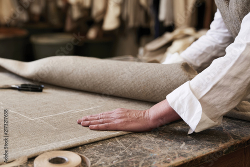 A skilled artisan carefully lays out fabric on a table, showcasing craftsmanship and dedication in the textile creation process within a cozy, creative workshop environment.