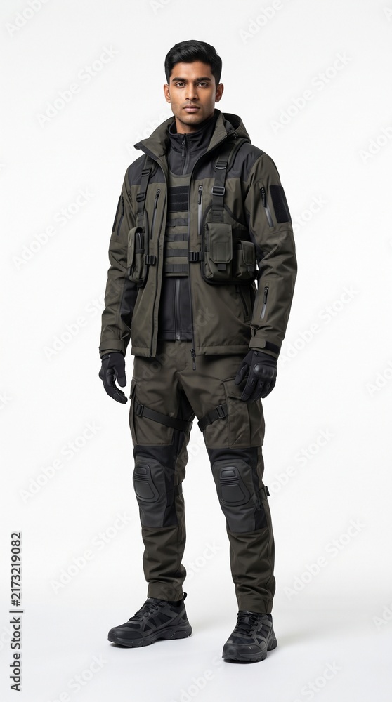Fototapeta premium Full body shot of handsome man wearing olive green tactical techwear outfit and gloves isolated on white background.