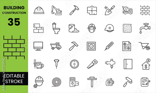 Building Construction Editable Stroke Icon Set - Architecture, Engineering, Tools & Industrial Vector Icons