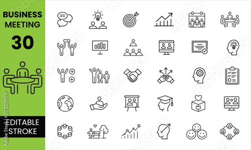 Business Meeting Editable Stroke Icon Set - Conference, Discussion, Presentation & Teamwork Vector Icons