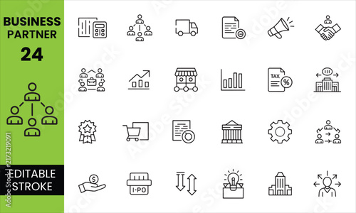 Business Partner Editable Stroke Icon Set - Deal, Handshake, Collaboration & Network Vector Icons