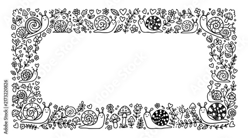 Cute Snail Floral Heart Border Frame Black Vector Illustration