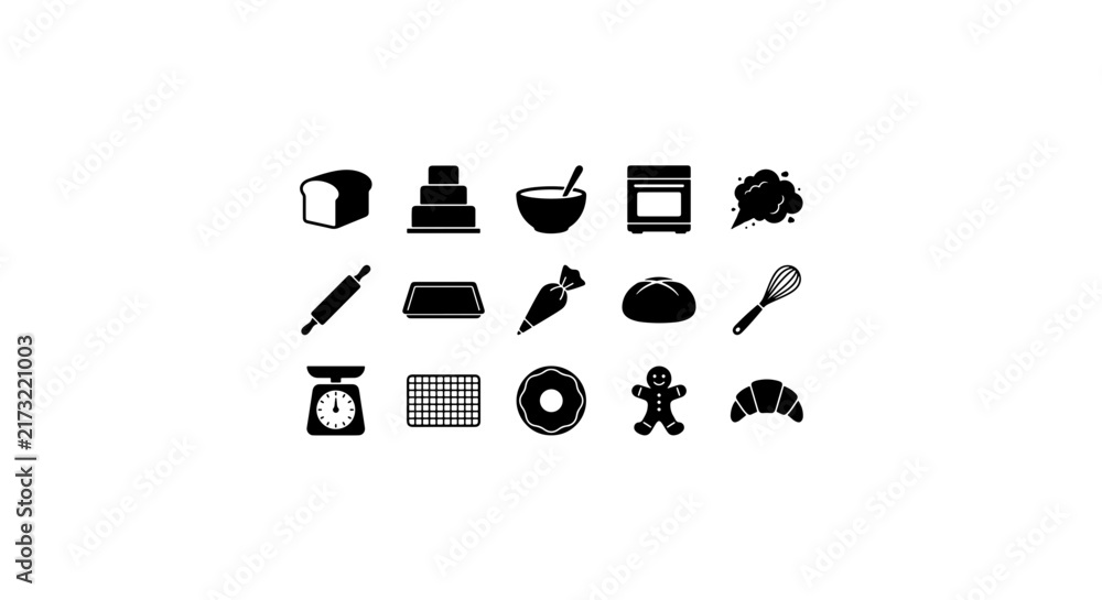 Fototapeta premium Baking Icons Set, Pastry Tools Vector Graphics, Bakery Food Symbols, Cooking Elements Collection