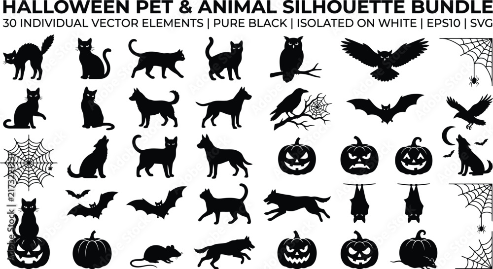 Naklejka premium Halloween pet animal silhouette bundle, spooky cats bats owls wolves spiders pumpkins ravens rats skulls spider webs vector EPS10 SVG designWeb