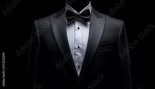 Classic black tuxedo jacket with white shirt and bow tie on a dark background