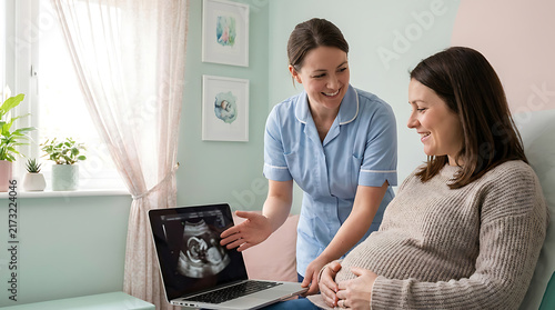 Pregnancy Consultation: A healthcare professional gently points to an ultrasound image on a laptop, reassuring a pregnant woman. They sit together in a comfortable, modern setting.