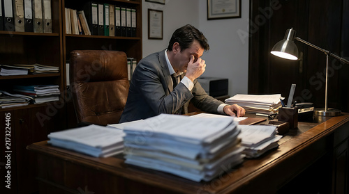 Overwhelmed Attorney: A stressed businessman in a suit sits at his cluttered desk, buried under stacks of documents and files, with his head in his hands.