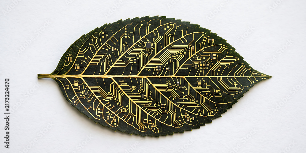 Obraz premium Natural leaf embedded with golden electronic circuit board pathways demonstrates modern fusion between sustainable botanical organic technology design.
