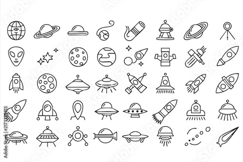 Rocket and space outline icons. UFO, alien, planet, galaxy, spacecraft, editable stroke vector collection