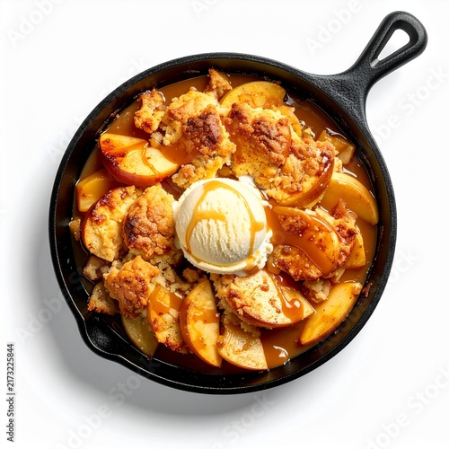 Skillet Caramel Apple Cobbler with Melting Vanilla Ice Cream Isolated on White