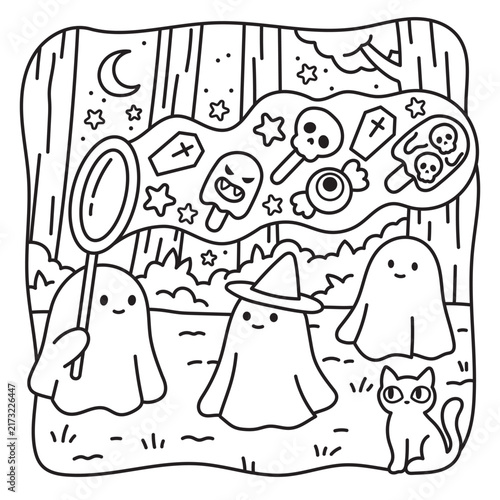Whimsical Halloween coloring page with friendly ghosts blowing magical bubbles in a forest. Candy and sweet treats float inside the bubbles while a curious cat watches nearby.