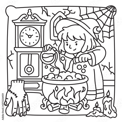 Halloween coloring page with a little witch stirring a bubbling potion in a cauldron. Cozy spooky scene with candles, cobweb, old clock, books and magical details.
