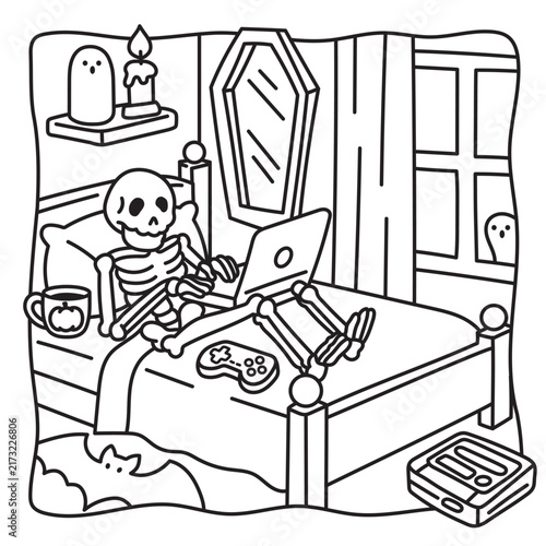 Cozy Halloween coloring page with a skeleton relaxing in bed beside a game console while a curious ghost peeks through the window. Spooky bedroom scene with candles and gaming gear.