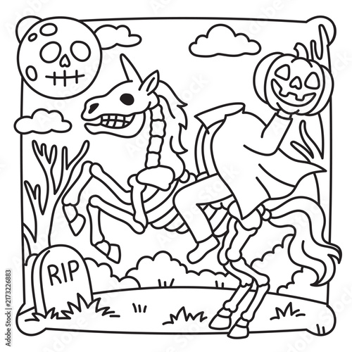Playful spooky graveyard scene featuring a skeleton riding a skeletal horse beside a cheerful ghost. Halloween coloring page with moon, tombstone, bare trees and pumpkins.